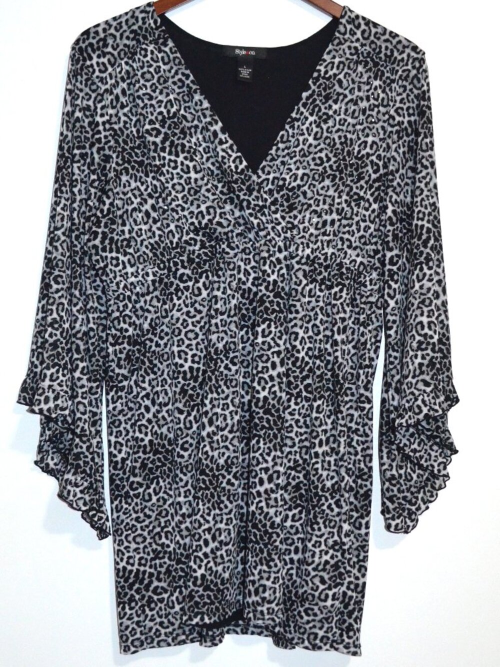 Style & Co Tunic Leopard Print Large Gray Black Boho Party Crystal-embellished